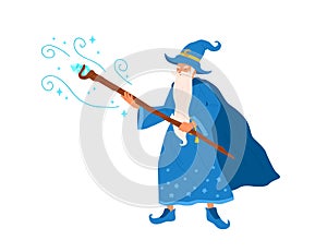 Funny gray haired wizard with witchery cane pronounce magic spell vector flat illustration. Old male magical character photo