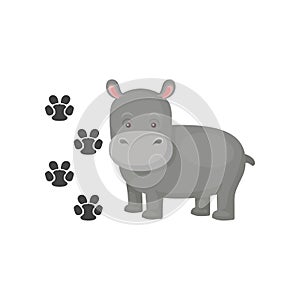 Funny gray hippopotamus and his footprints. Cartoon character of wild animal. Flat vector element for book or children