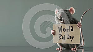 Funny gray rat holding a World Rat Day sign showing teeth against plain background