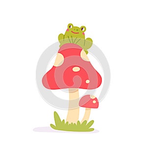 Funny green adorable frog sitting on fly agaric mushrooms, cute forest toad and toadstool