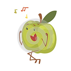 Funny Green Apple Character Dancing Moving Hand and Legs Vector Illustration