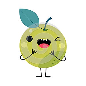Funny Green Apple Fruit Character with Smiling Face and Arm Vector Illustration