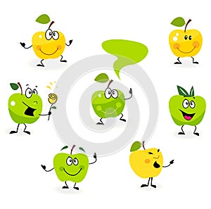 Funny green Apple fruit characters on white