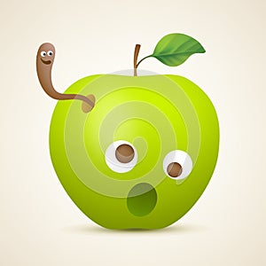 Funny green apple with worm
