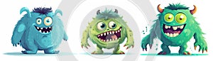 Funny green and blue cartoon monsters on white background. Scary creatures set. Cute Halloween characters. Generative AI