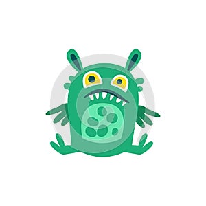Funny green cartoon monster sitting on the floor, fabulous incredible creature, cute alien vector Illustration