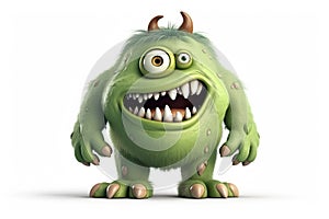 Funny green cartoon monster on white background. Scary creature. Cute Halloween character. Generative AI.