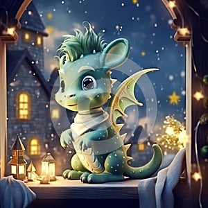 Funny green dragon, symbol of 2024 according to the eastern calendar.