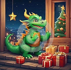 Funny green dragon, symbol of 2024 according to the eastern calendar.