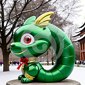 Funny green dragon, symbol of 2024 according to the eastern calendar.