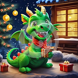 Funny green dragon, symbol of 2024 according to the eastern calendar.