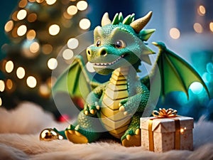 Funny green dragon, symbol of 2024 according to the eastern calendar.