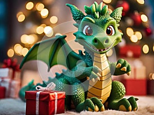 Funny green dragon, symbol of 2024 according to the eastern calendar.