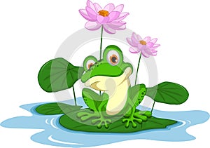 funny Green frog cartoon sitting on a leaf