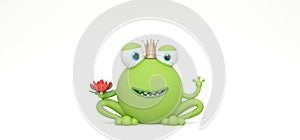 Funny green frog prince character with big eyes on white background 3d render