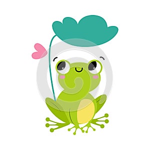 Funny Green Frog with Protruding Eyes Sitting Under Leaf Vector Illustration