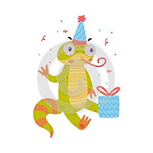 Funny Green Gecko Character with Bulging Eyes Blowing Whistle Sitting in Birthday Cone Hat with Gift Box Vector