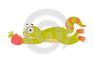 Funny Green Gecko Character with Bulging Eyes Eating Strawberry Vector Illustration