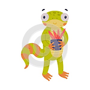 Funny Green Gecko Character with Bulging Eyes Holding Houseplant in Pot Vector Illustration