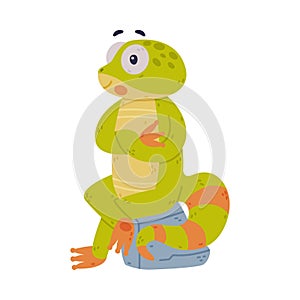 Funny Green Gecko Character with Bulging Eyes Sitting on Stone Vector Illustration