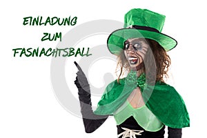 Funny green goblin showing on german text for a Invitation to ca