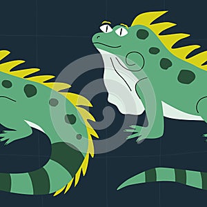 Funny green iguana with cute eyes. Adorable lizard hand drawn vector illustration. Amphibian cartoon character in flat style.