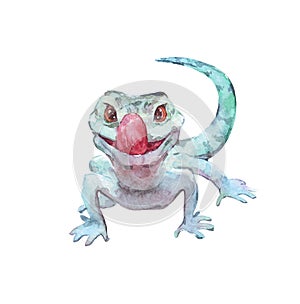 Funny green lizard watercolor illustration