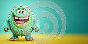Funny green monster cartoon character with copy space on a uniform background
