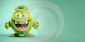 Funny green monster cartoon character with copy space on a uniform background