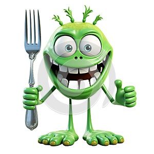 Funny green monster cartoon character holding cutlery isolated on transparent background
