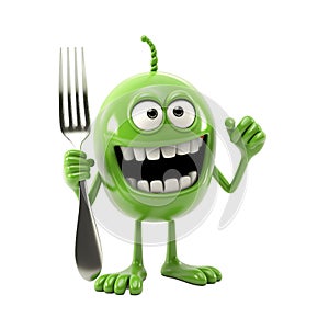 Funny green monster cartoon character holding cutlery isolated on transparent background