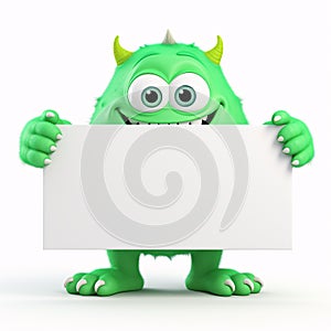 Funny green monster cartoon character holding sign isolated on transparent background