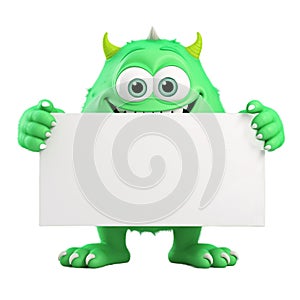 Funny green monster cartoon character holding a white blank sign isolated on transparent background