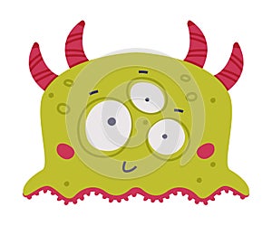 Funny Green Monster with Horns and Bulging Eye Vector Illustration