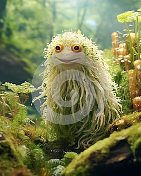 Funny green slimy creature in the rainforest. Fantasy cartoon character. Generative AI