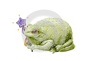 Funny green toad with magic wand. Watercolor illustration. Hand drawn cute funny frog holding magic wand. Fairy