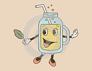 Funny retro groove character, a glass with an alcoholic cocktail and a drinking straw. Vector isolated lemonade drink in