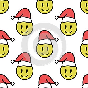 Funny groovy cartoon yellow smiley in Santa hat, psychedelic surreal smile emoji face head seamless pattern on white