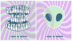 Funny Groovy Retro 70s Style Vector Prints with Alien Head.