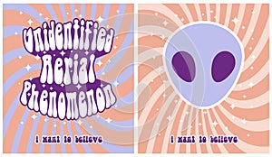 Funny Groovy Retro 70s Style Vector Prints with Alien Head.