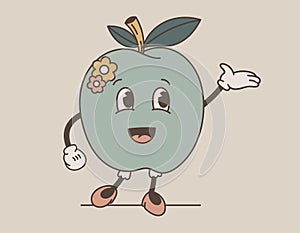 Funny groovy retro fruit character. Cool joyful green apple girl in shoes. Vector isolated illustration, old cartoon style