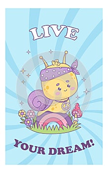 Funny groovy snail hippy character. Comic cute insect on rainbow in retro style. Trendy vector illustration. Cool