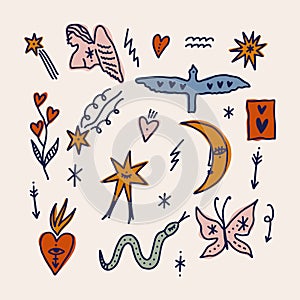 Funny groovy whimsical cute stylish freaky cool funny doodle stellar characters. Hand-drawn set of crescent moon, sun