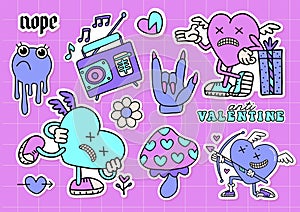 Funny groovy y2k anti Valentines day stickers set. 2000s anti love conception with retro cartoon characters of hearts