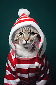 Funny group of cats in Christmas outfits in studio group shot. Manlike humanised animals in winter holidays decorations