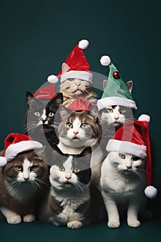 Funny group of cats in Christmas outfits in studio group shot. Manlike humanised animals in winter holidays decorations photo