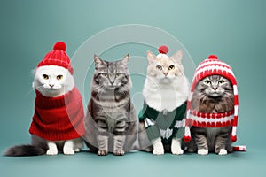 Funny group of cats in Christmas outfits in studio group shot. Manlike humanised animals in winter holidays decorations photo