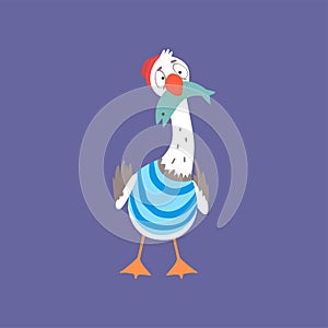 Funny gull hunting down fish, cute comic bird character cartoon vector illustration