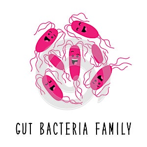 Funny gut bacteria family cartoon characters isolated on white, gut and intestinal flora, set in flat style