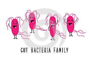 Funny gut bacteria family cartoon characters isolated on white, gut and intestinal flora, set in flat style